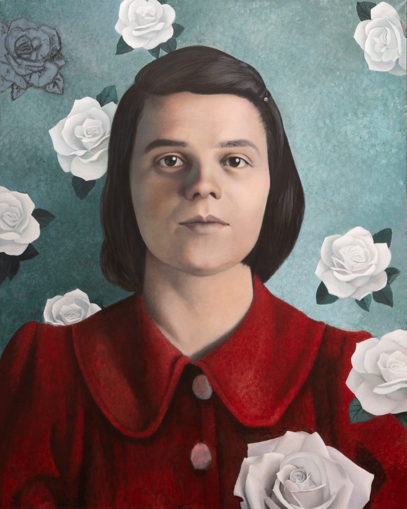 Sophie Scholl, ein Auftrag der Sophie Scholl Schule in Leonberg, unterstützt von der Kulturstiftung der Kreisparkasse Böblingen und dem Förderverein der Sophie Scholl Schule Leonberg. Das Bild ist im Besitz der Stadt Leonberg. Das Bild ist 160x120cm groß, gemalt in Acryl auf Leinen.